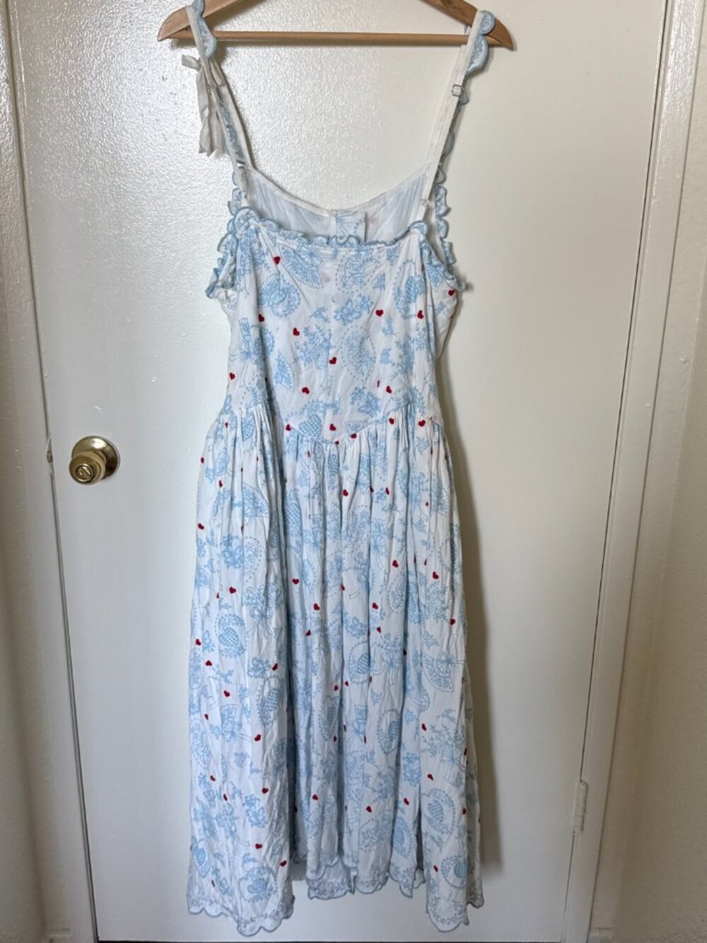 For Love & Lemons Livia White Blue Floral Embroidered Linen Blend Midi Dress L - Picture 7 of 8